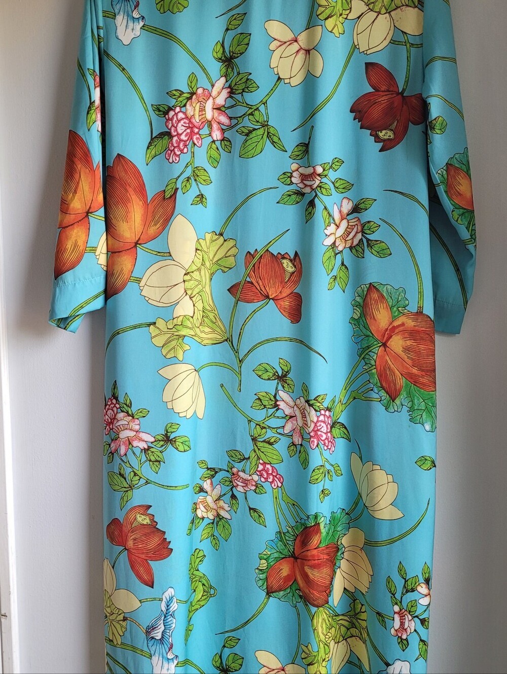 NATORI Floral V-Neck Robe Dress Night Gown Aqua with Orange Floral Size M - Picture 7 of 10